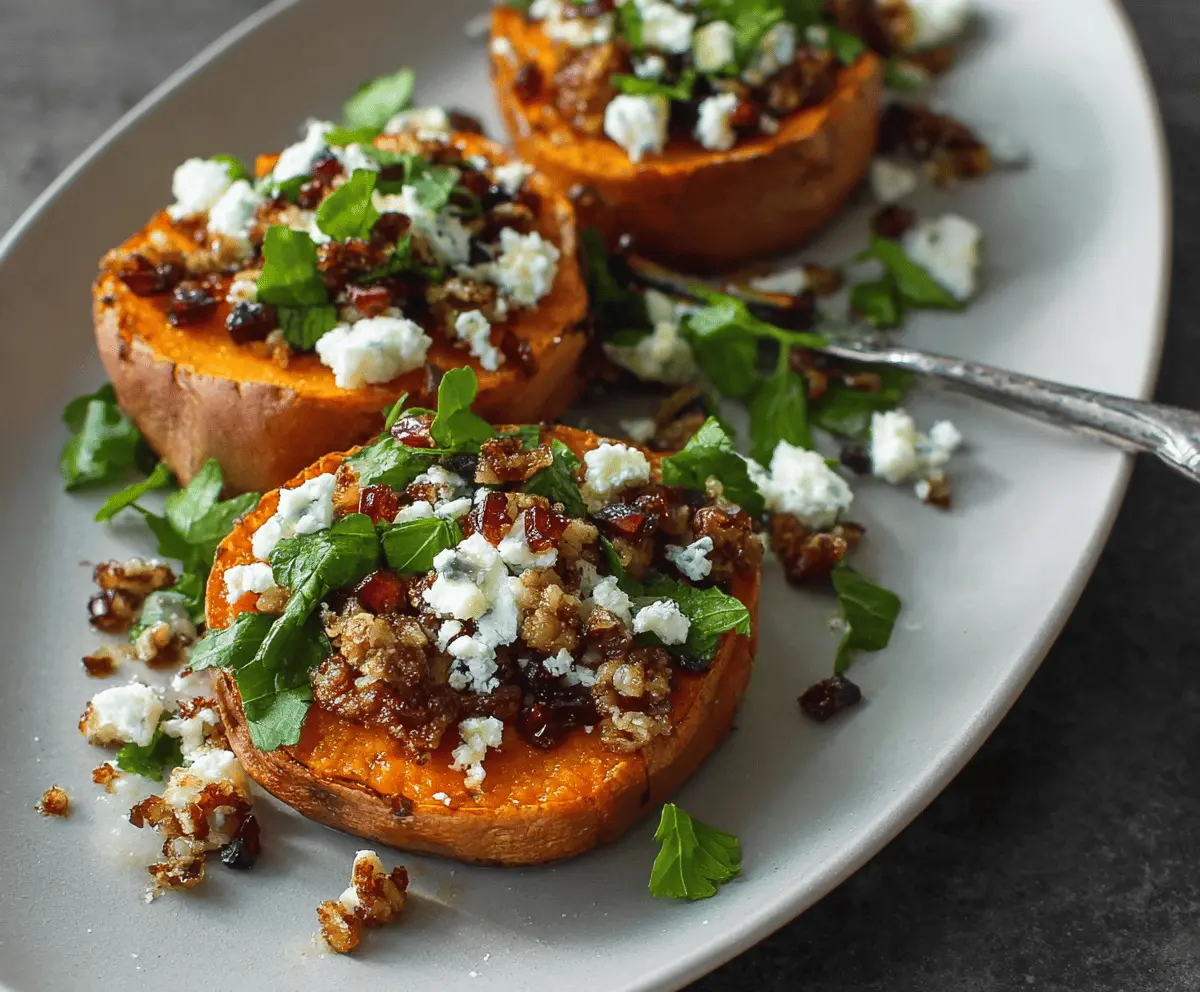 Delicious sweet potato rounds topped with honey drizzle and feta cheese crumble, perfect as a healthy appetizer or snack.