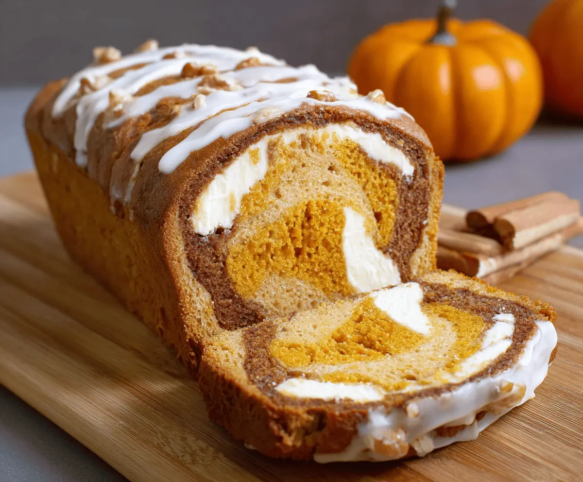 Swirled pumpkin cream cheese bread sliced on a plate, showcasing its golden crust and creamy swirl topping, perfect for fall baking.