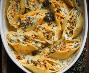 Vegan pumpkin ricotta stuffed pasta shells garnished with fresh herbs on a white plate, perfect for autumn-inspired plant-based dinner