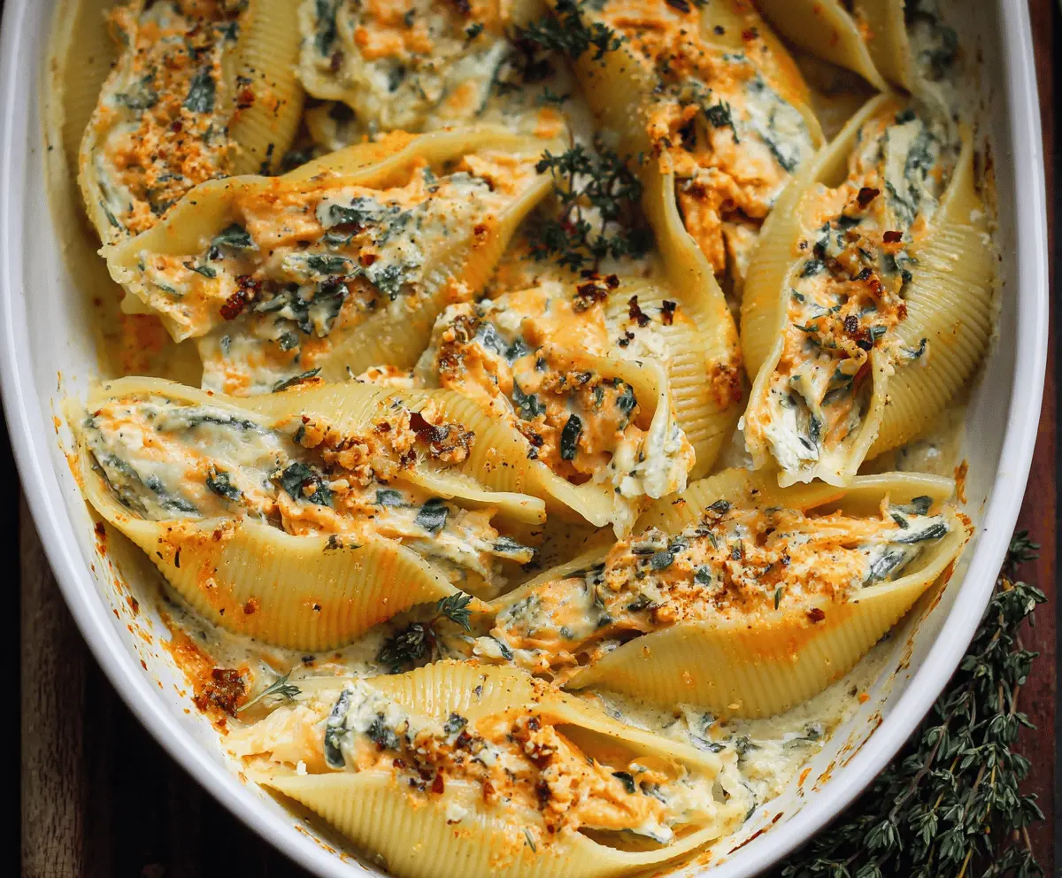 Vegan pumpkin ricotta stuffed pasta shells garnished with fresh herbs on a white plate, perfect for autumn-inspired plant-based dinner
