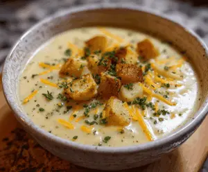 Creamy cheddar garlic herb potato soup in a bowl topped with fresh herbs and melted cheese, served with bread on a rustic wooden table.