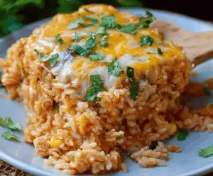 Delicious Chicken Enchilada Rice Casserole ready in 35 minutes, topped with melted cheese and fresh cilantro, served in a baking dish.