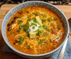 Creamy Chicken Enchilada Soup garnished with shredded cheese, fresh cilantro, and a dollop of sour cream in a bowl