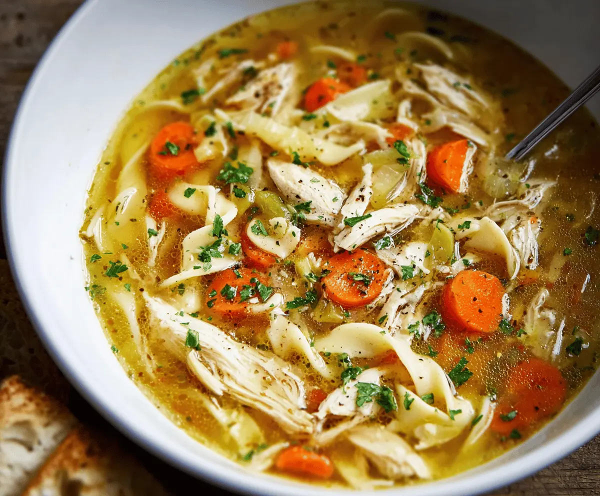 A steaming bowl of homemade chicken noodle soup with tender chicken, noodles, vegetables, and herbs in a clear broth