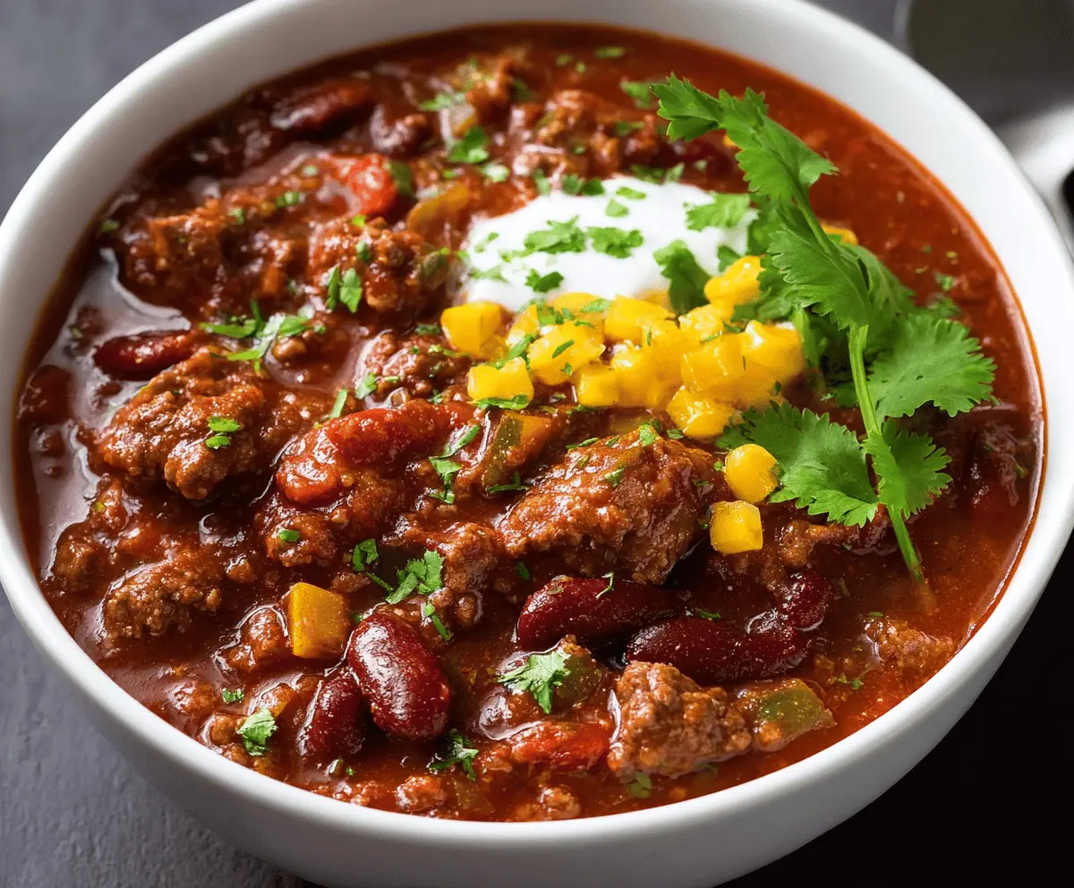 Delicious homemade Chili Con Carne with seasoned ground beef, kidney beans, tomatoes, and spices in a bowl, perfect for a hearty meal