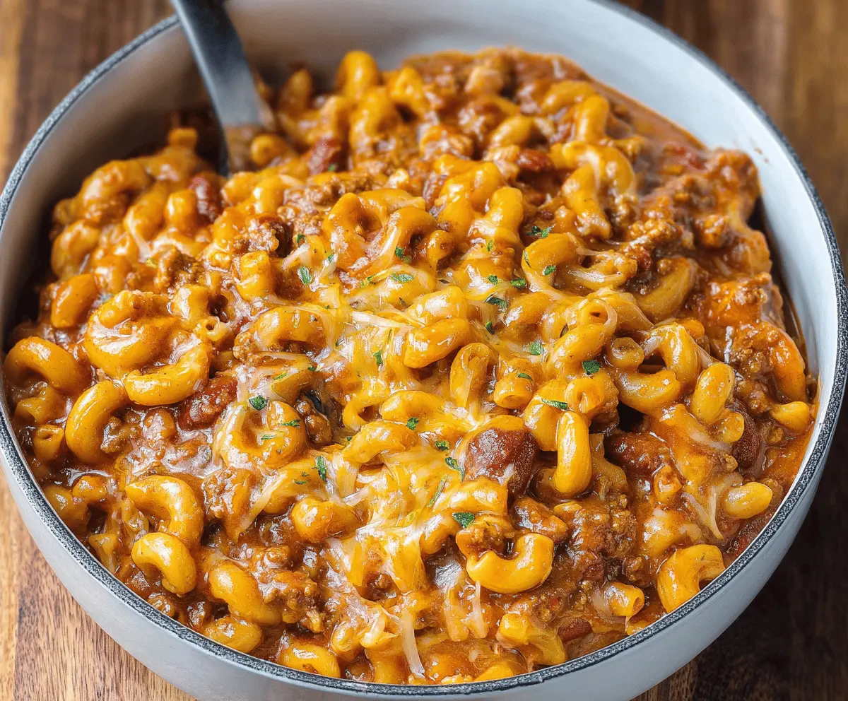 Creamy chili mac dish featuring seasoned ground beef, melted cheese, and pasta topped with fresh herbs in a serving bowl.