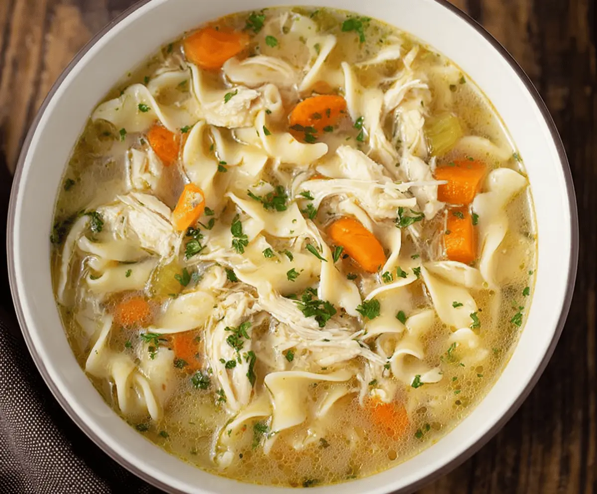 Creamy homemade Chicken Noodle Soup inspired by Panera Bread, featuring tender chicken, vegetables, and hearty noodles in a comforting broth