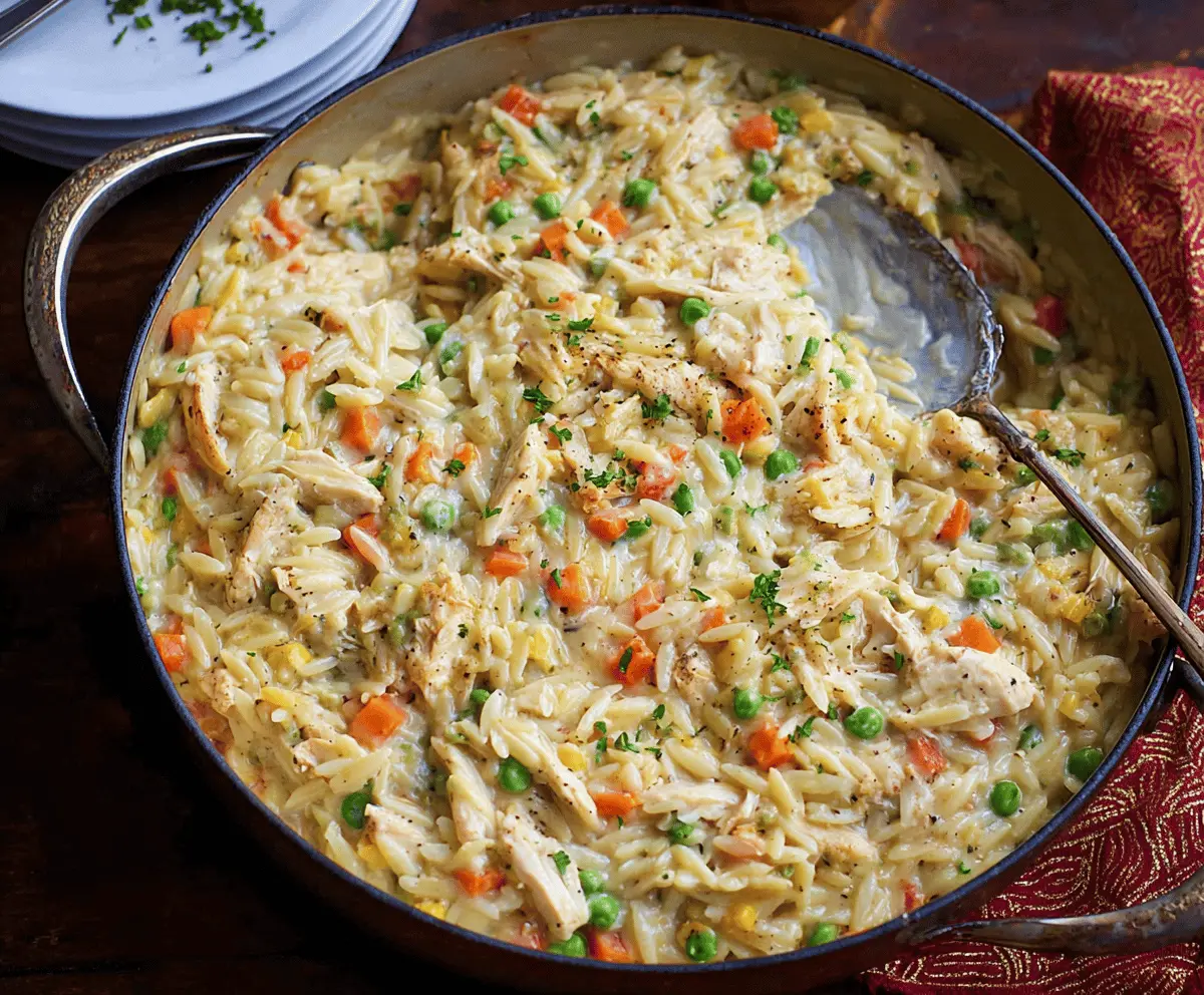 Creamy and comforting Cozy Chicken Pot Pie Orzo served in a bowl with flaky crust topping and fresh herbs