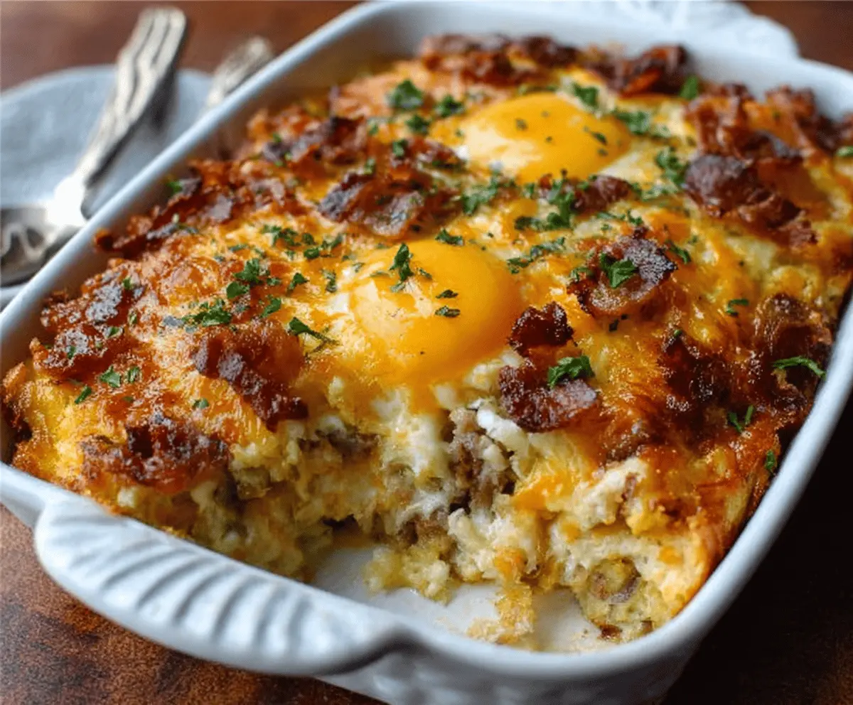 Delicious Crack Breakfast Casserole with eggs, cheese, sausage, and vegetables served in a baking dish