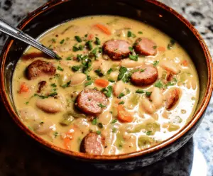 Creamy bean soup with sausage garnished with fresh herbs in a bowl, served with bread on a rustic table