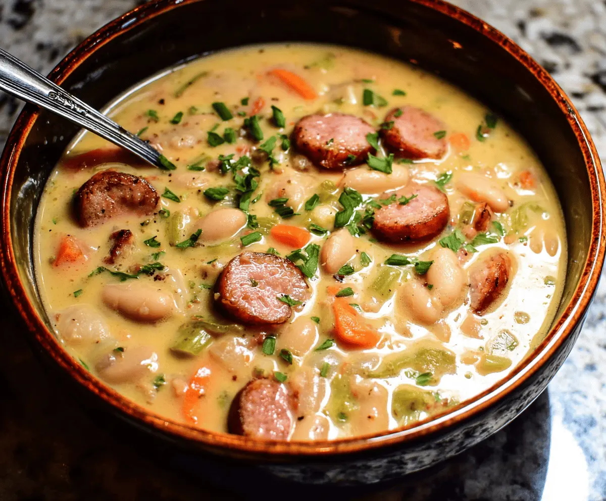 Creamy bean soup with sausage garnished with fresh herbs in a bowl, served with bread on a rustic table