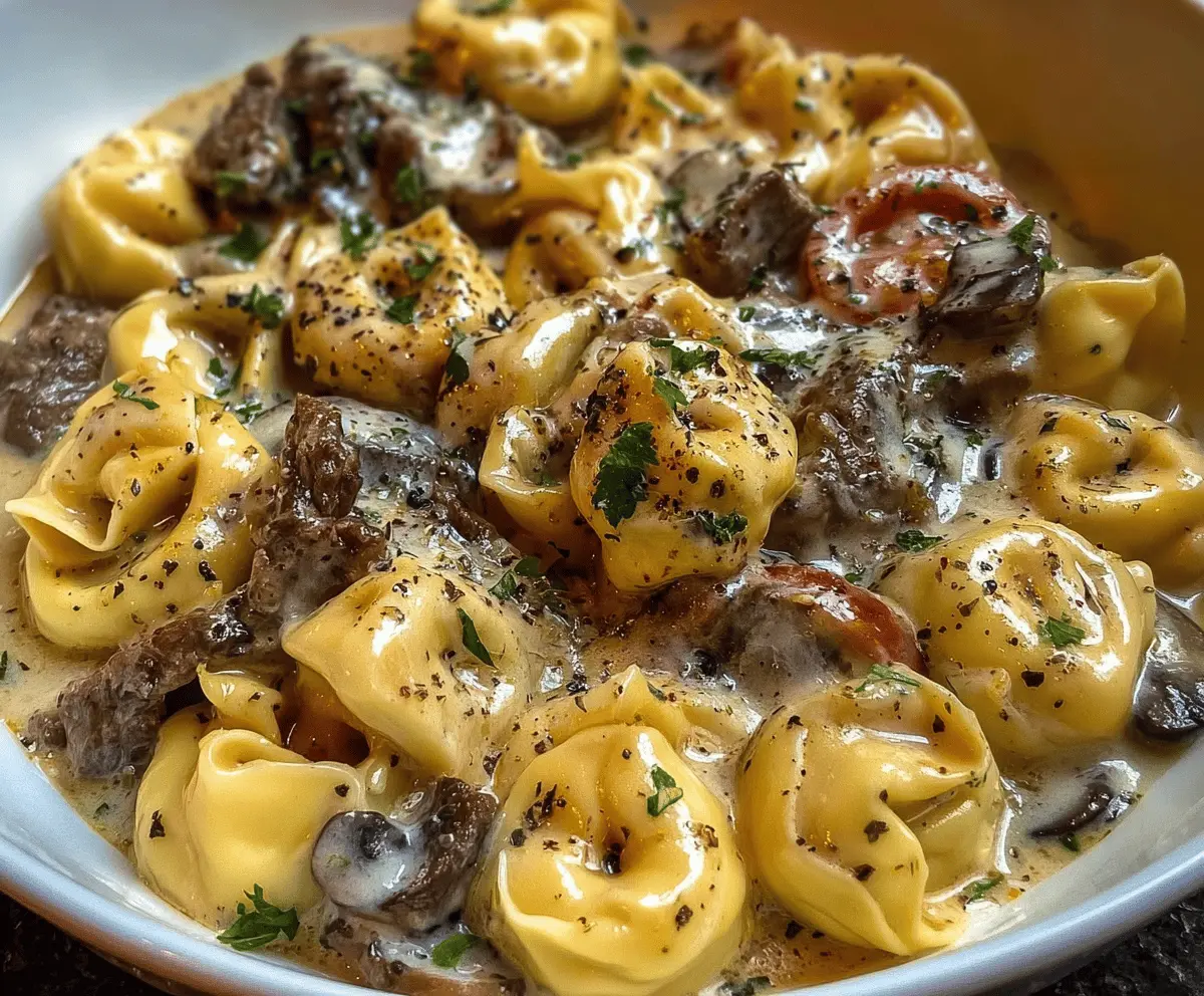 Creamy cheesesteak tortellini in rich provolone cheese sauce topped with melted cheese and fresh herbs.