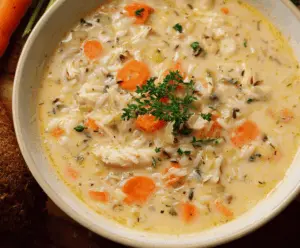 Creamy chicken and rice soup in a bowl topped with herbs and served with bread on a rustic wooden table.