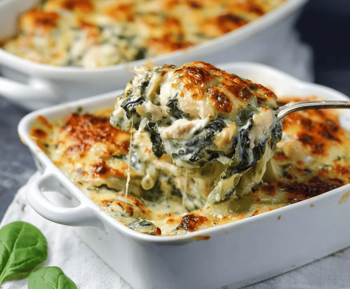 Creamy Chicken and Spinach Casserole with melted cheese and fresh spinach in a baking dish, ready to serve