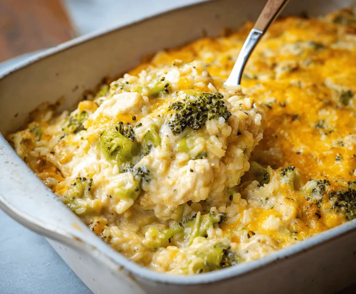Creamy Chicken Broccoli Rice Cheese Casserole
