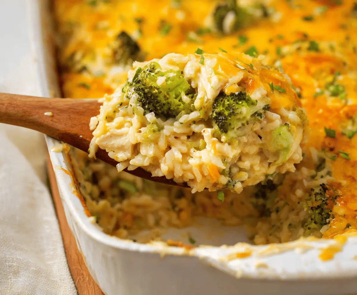 Delicious creamy chicken broccoli rice cheese casserole topped with melted cheese, ready to serve.
