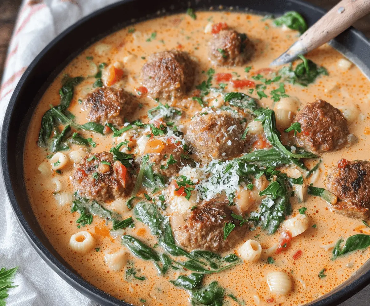 Creamy Italian Meatball Soup in a bowl with meatballs, vegetables, and herbs, served hot