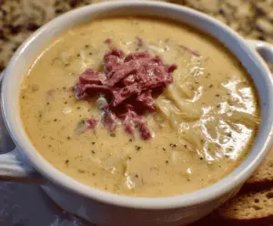 Creamy Reuben Soup in a bowl garnished with fresh herbs, featuring layers of corned beef, Swiss cheese, sauerkraut, and rye croutons for a hearty, comforting meal.