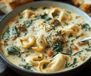 Creamy sausage tortellini soup in a bowl garnished with fresh herbs and grated cheese, featuring sausage, tortellini pasta, vegetables, and creamy broth
