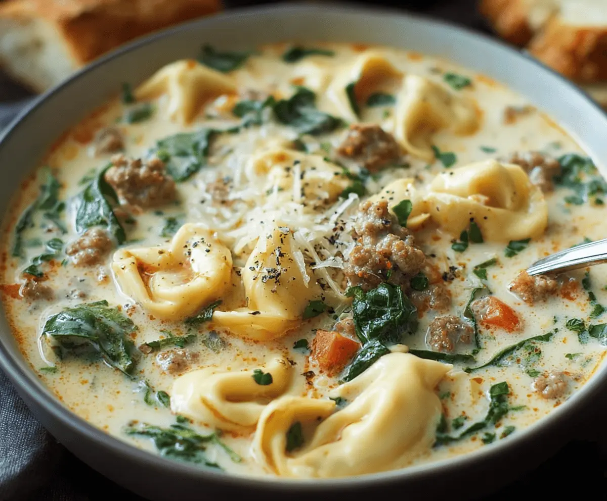 Creamy sausage tortellini soup in a bowl garnished with fresh herbs and grated cheese, featuring sausage, tortellini pasta, vegetables, and creamy broth