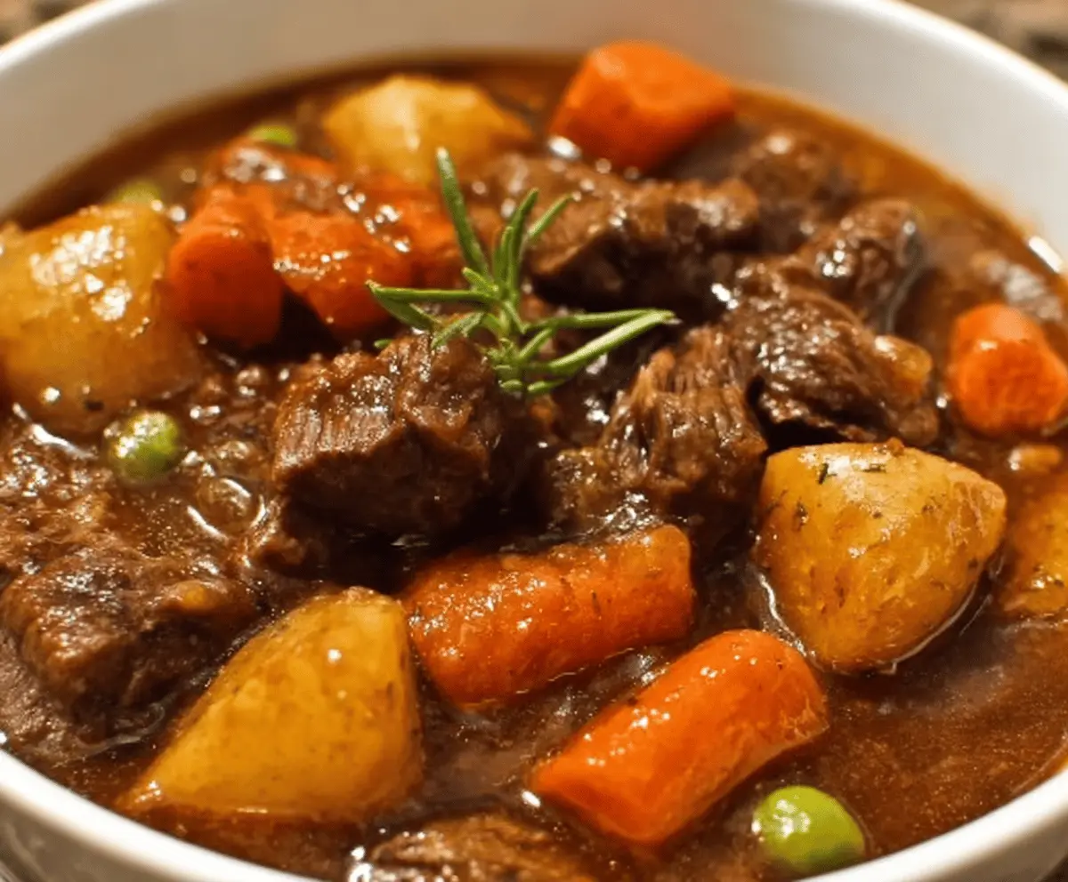 Hearty crockpot beef stew with tender beef chunks, vegetables, and savory broth in a rustic bowl.
