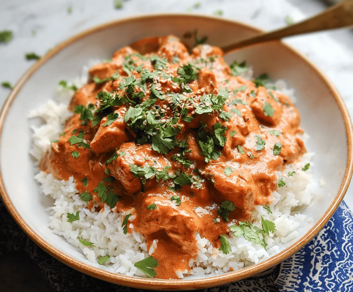 Creamy and flavorful Crockpot Butter Chicken served with rice, garnished with fresh cilantro, in a rustic bowl.