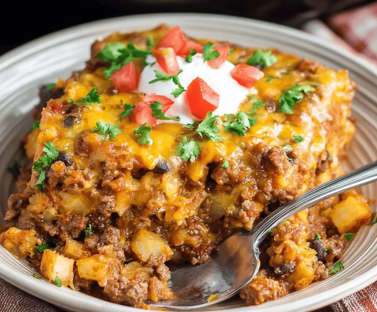 Delicious Crockpot Taco Casserole topped with melted cheese, fresh lettuce, tomatoes, and sour cream served in a baking dish