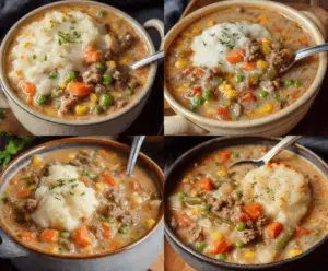 Hearty Shepherd’s Pie Soup in a bowl with mashed potatoes, ground beef, and vegetables, garnished with fresh herbs.