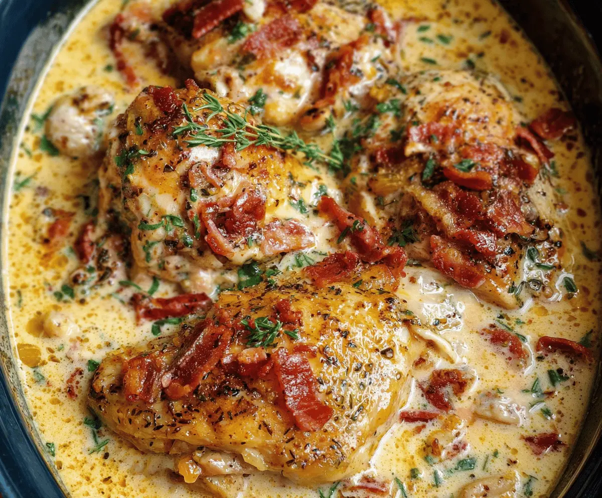 Creamy and flavorful Dump & Go Marry Me Chicken cooked in a crockpot, showcasing tender chicken topped with rich sauce and fresh herbs for an easy, delicious meal.