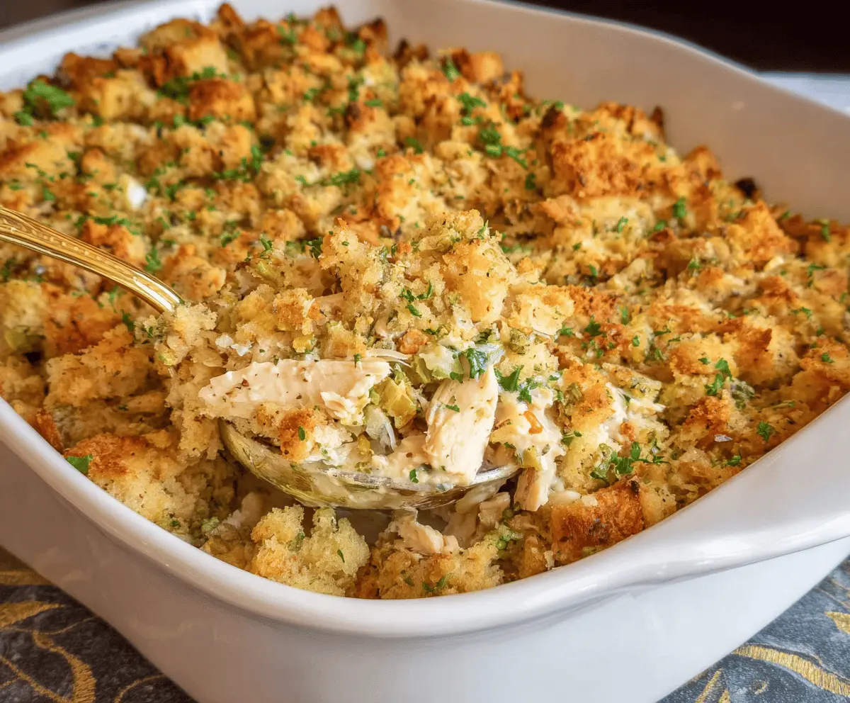 Creamy chicken and stuffing casserole topped with golden baked bread crumbs, served in a baking dish, perfect for a comforting family dinner.