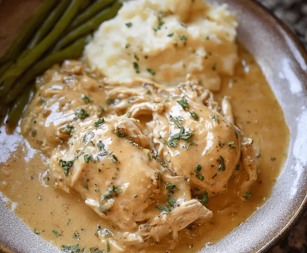 Delicious homemade Crockpot chicken and gravy served over mashed potatoes in a cozy kitchen setting