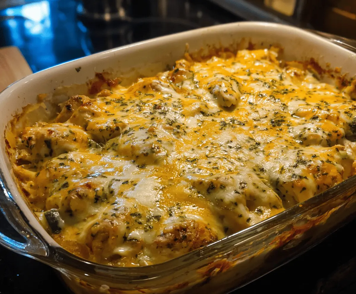 Delicious Easy Low Carb Chicken Casserole topped with melted cheese and fresh herbs, perfect for healthy dinner options