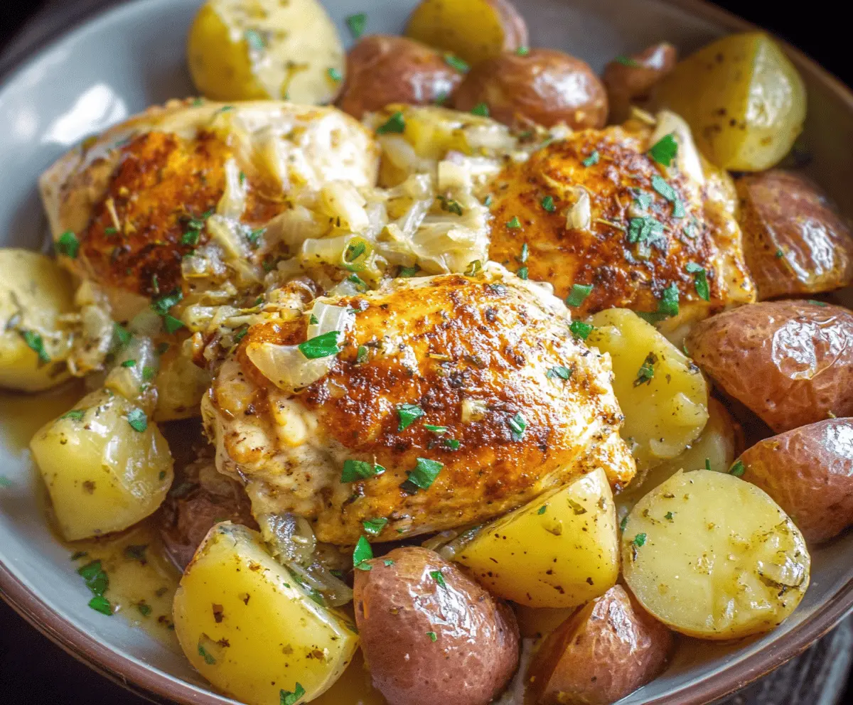 Creamy Garlic Parmesan Crockpot Chicken and Potatoes dish featuring tender chicken breasts, seasoned potatoes, and a flavorful garlic Parmesan sauce.