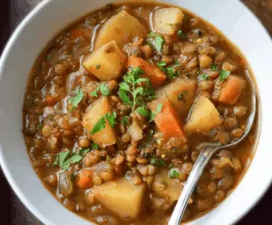 A steaming bowl of hearty lentil and potato soup garnished with fresh herbs, showcasing a comforting and nutritious homemade meal.