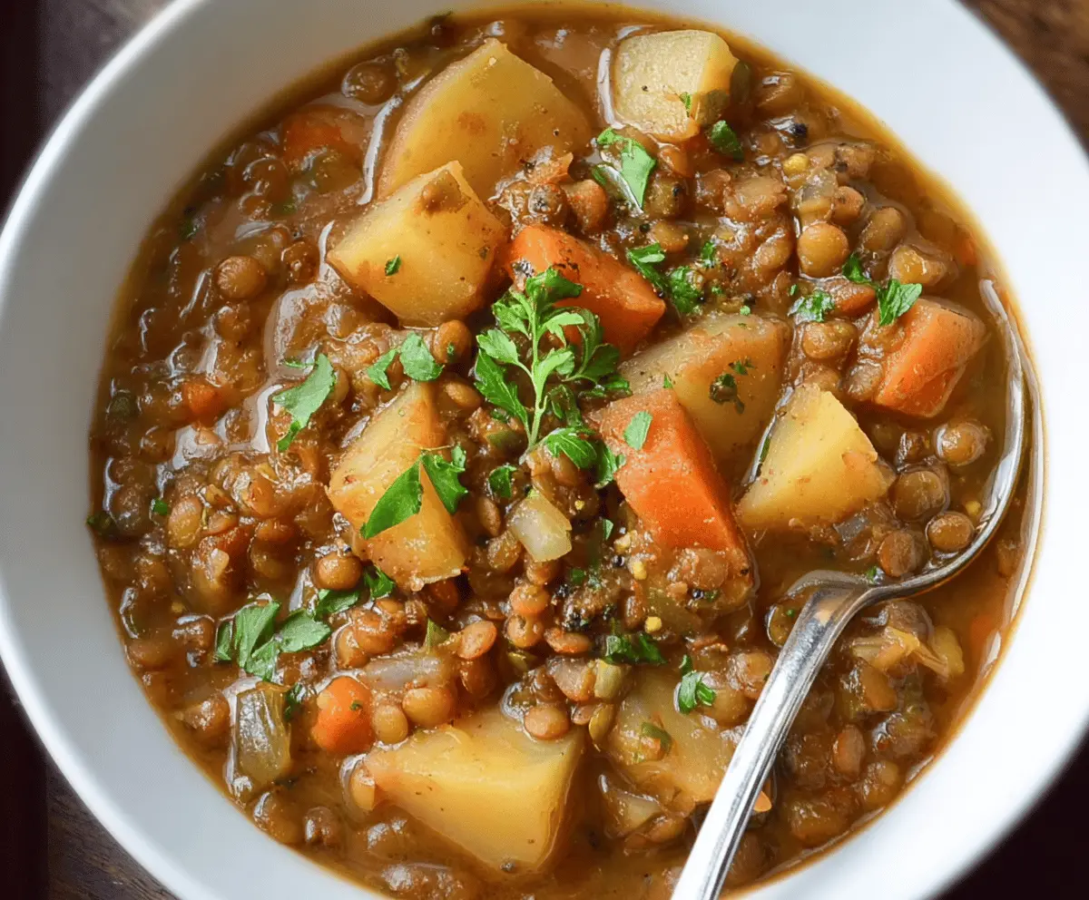 A steaming bowl of hearty lentil and potato soup garnished with fresh herbs, showcasing a comforting and nutritious homemade meal.