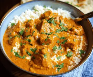 Delicious homemade butter chicken served with naan and garnished with fresh cilantro on a white plate