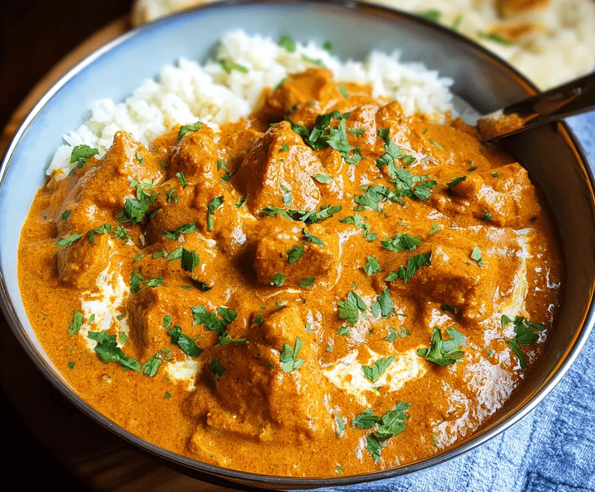 Delicious homemade butter chicken served with naan and garnished with fresh cilantro on a white plate
