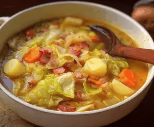 Hearty Irish bacon, cabbage, and potato soup served in a bowl, garnished with fresh herbs, perfect for a comforting traditional Irish meal.