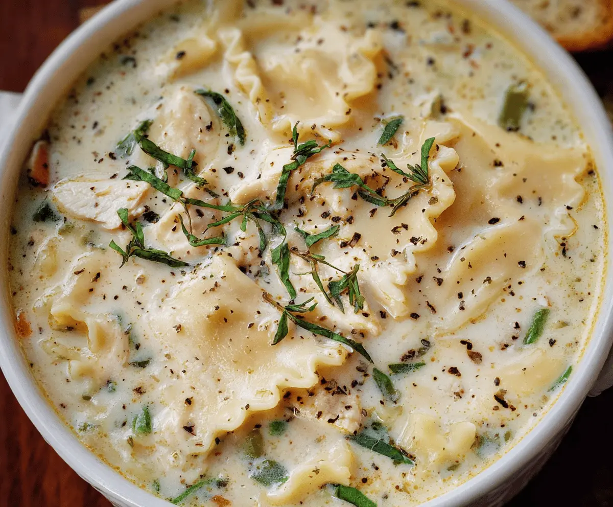 Creamy white chicken lasagna soup in a bowl with shredded chicken, melted cheese, and herbs, served hot.