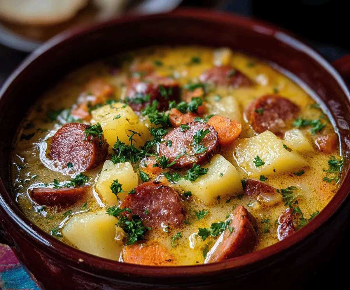Creamy kielbasa potato soup in a bowl topped with fresh herbs and served with crusty bread, perfect for a hearty and comforting meal.
