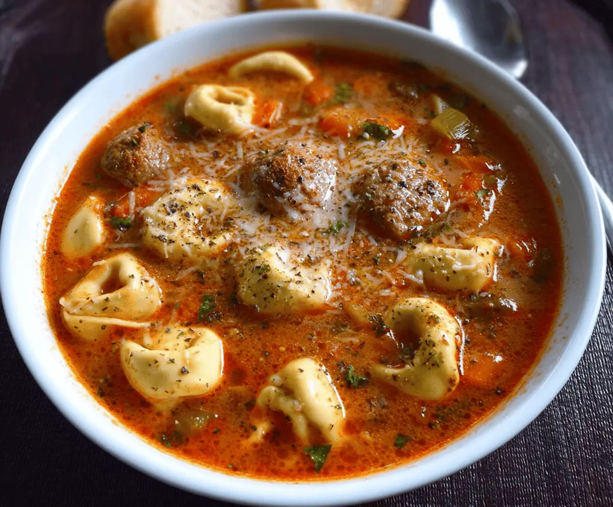 Delicious meatball soup with cheese tortellini, garnished with fresh herbs and melted cheese, served in a bowl