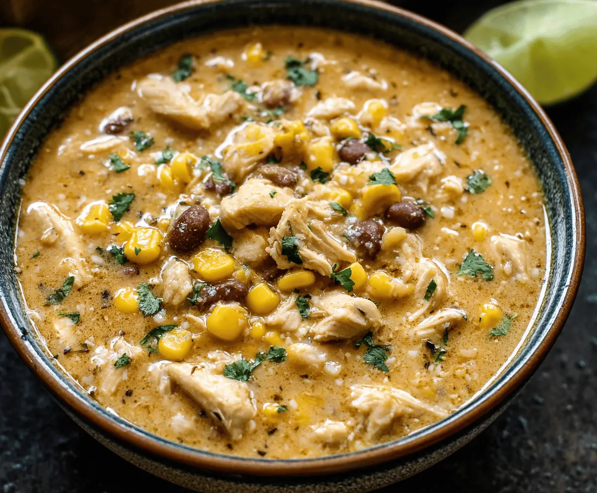 Creamy Mexican Street Corn White Chicken Chili topped with fresh cilantro and crumbled cheese in a bowl