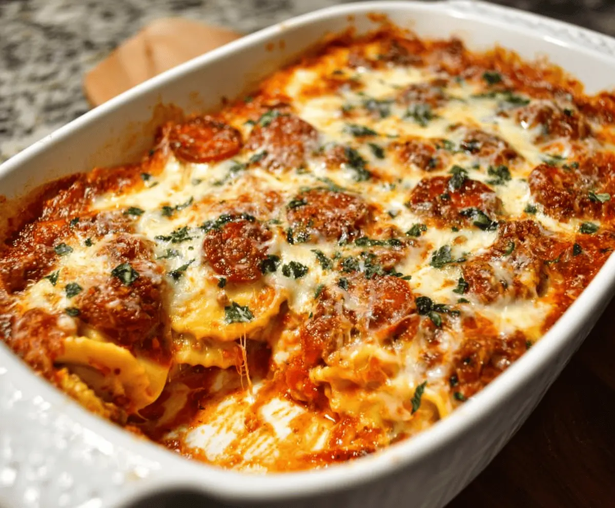 Delicious Million Dollar Ravioli Casserole featuring cheesy ravioli, fresh vegetables, and savory sauce baked to perfection