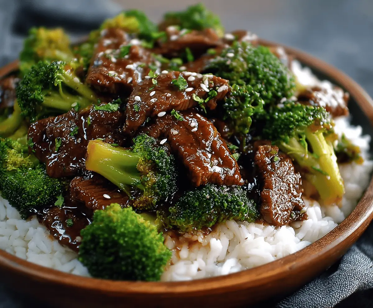 Delicious slow cooker beef and broccoli stir-fry served in a white bowl, garnished with sesame seeds and chopped green onions, perfect for a savory family dinner