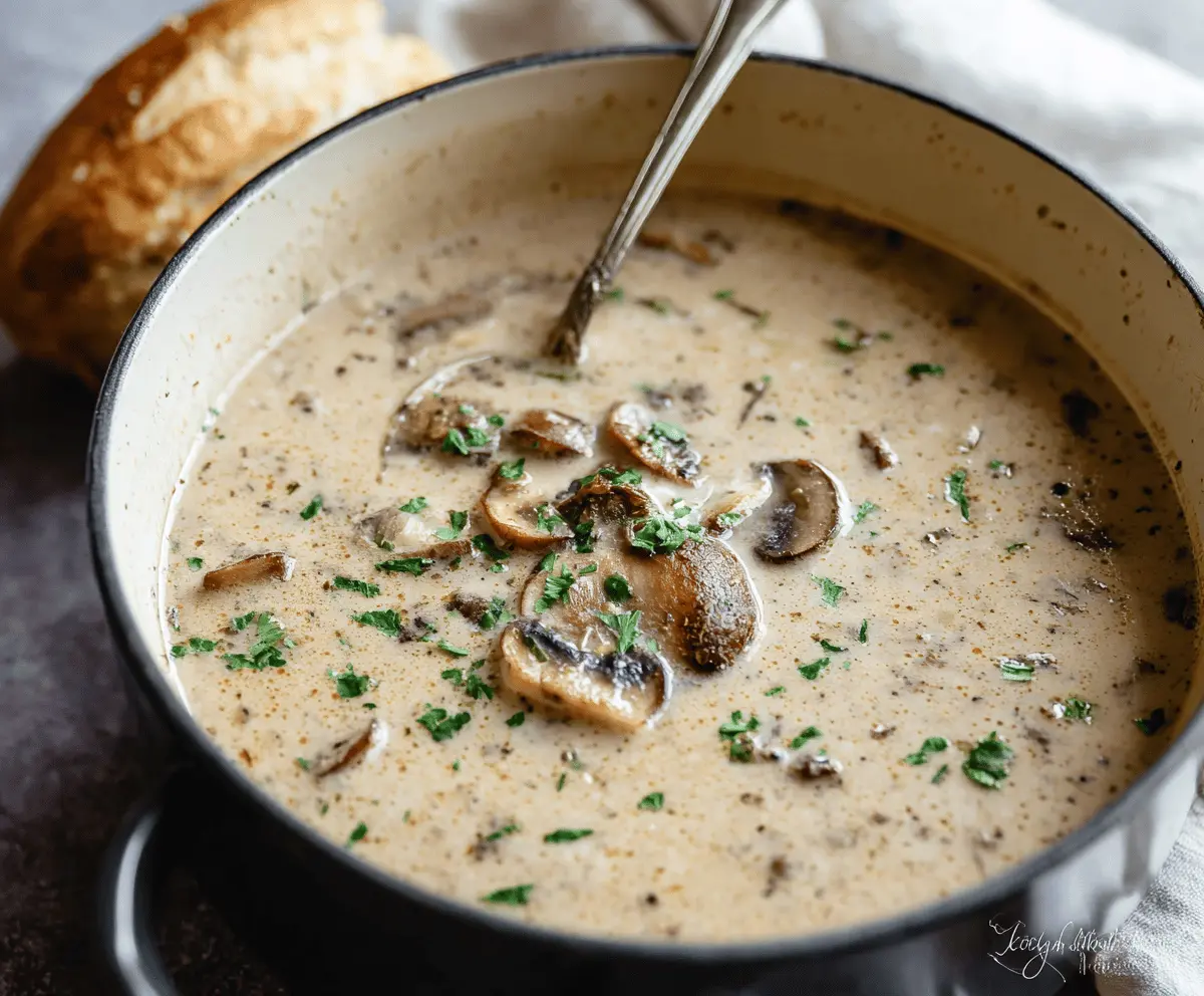 Creamy mushroom soup served in a bowl garnished with fresh herbs, perfect for a comforting homemade mushroom soup recipe.