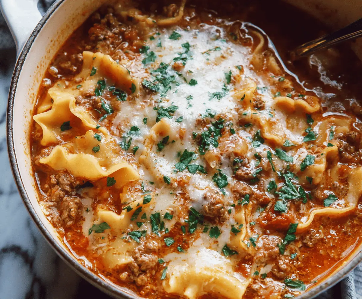 Delicious one pot lasagna soup with layers of melted cheese, pasta, and seasoned ground beef in a flavorful tomato broth