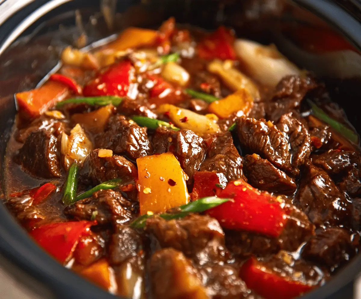 Tender pepper steak cooking in a crock pot with colorful bell peppers and onions, perfect for a flavorful slow cooker meal.