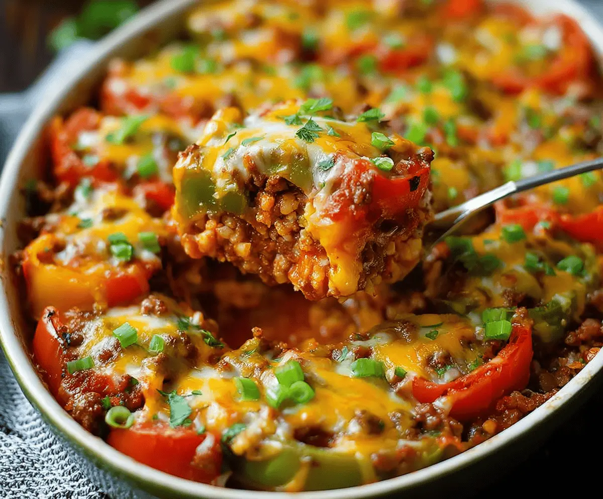 Delicious Pioneer Woman Stuffed Pepper Casserole topped with melted cheese, served in a baking dish, featuring colorful bell peppers and savory ground meat for a hearty family dinner.