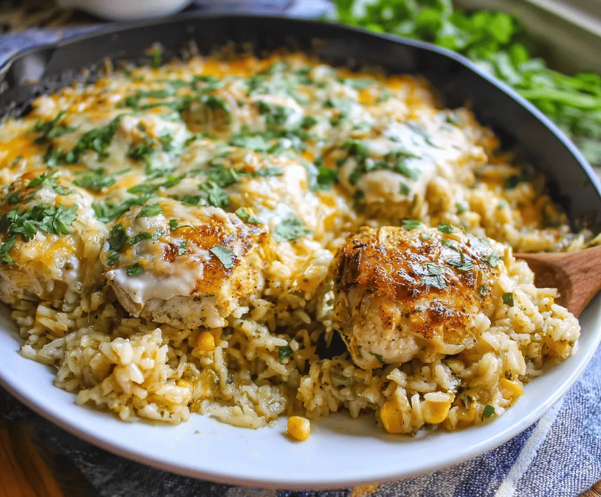Delicious Salsa Verde Chicken and Rice Casserole topped with melted cheese and fresh cilantro, ready to serve