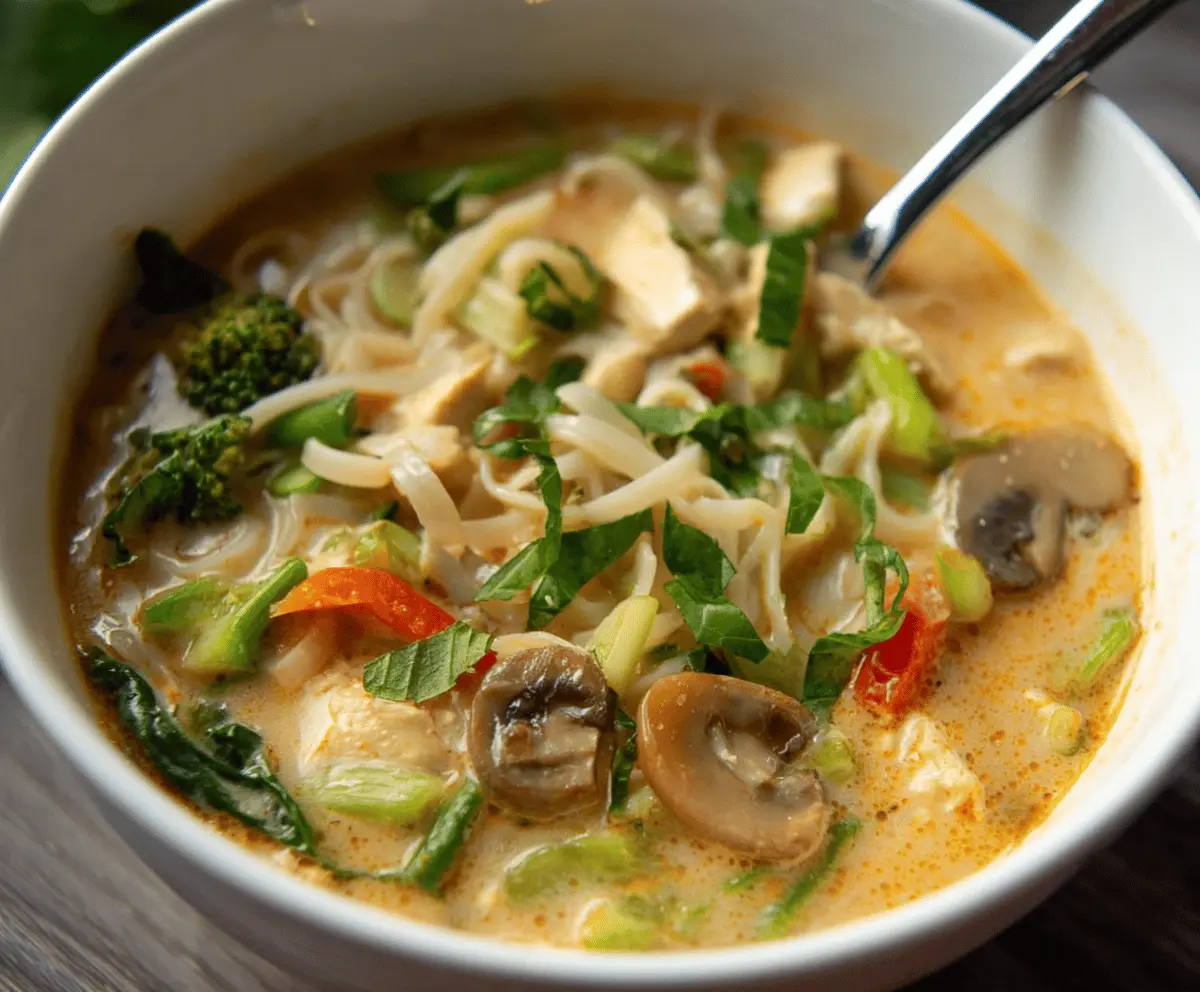 Delicious bowl of Simple Thai Chicken Soup with tender chicken, fresh herbs, and flavorful broth served in a white bowl on a rustic wooden table